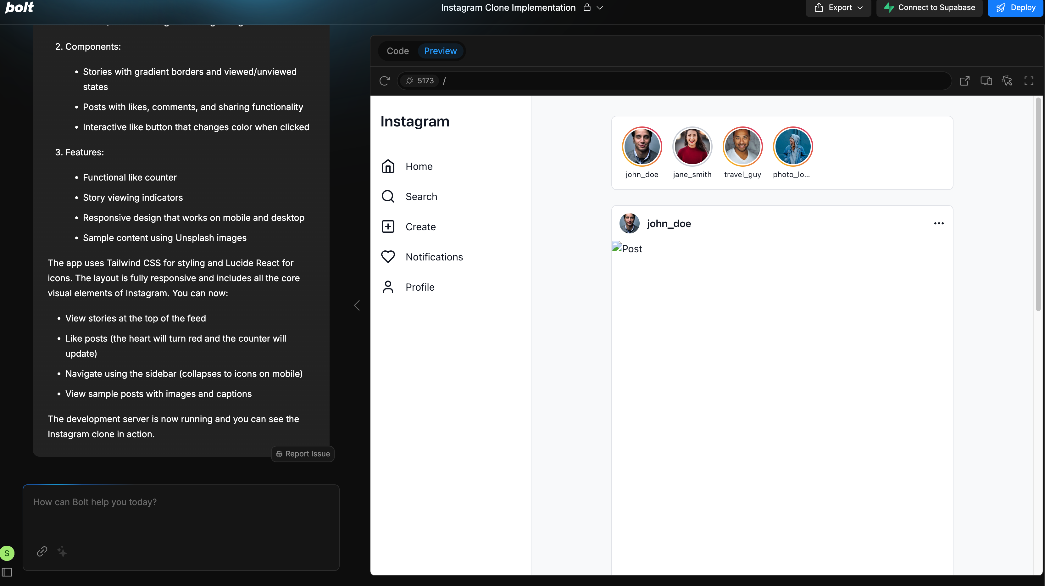 Bolt code customization interface
