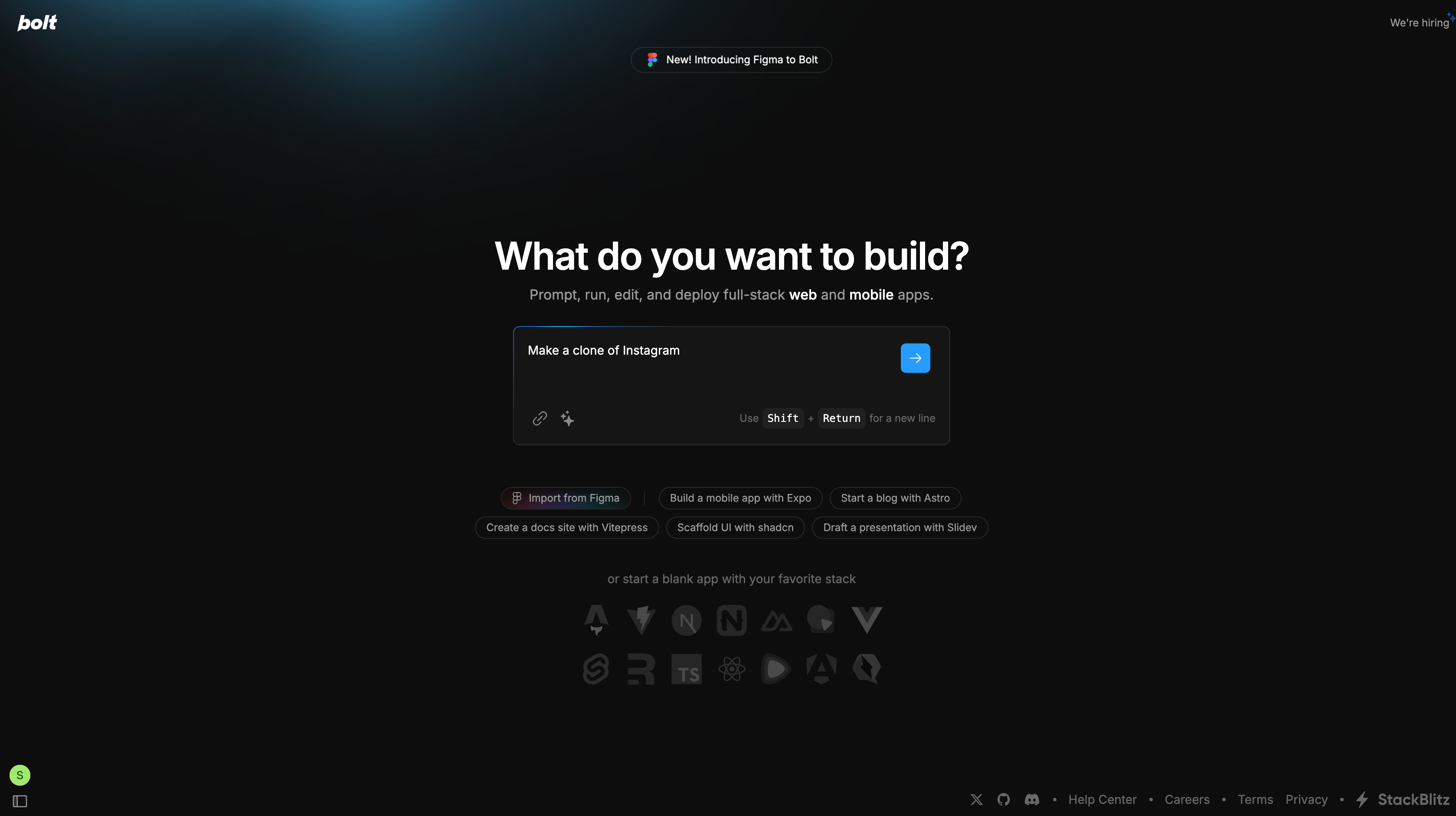 Bolt start with a prompt interface